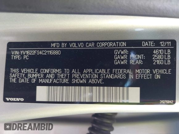 2012 Volvo S60 T5 with VIN YV1622FS4C2116880, listed as a IAAI auction lot 42651472 with 160,745 mi miles and . Bid and sale history available at DreamBid. Image 9.
