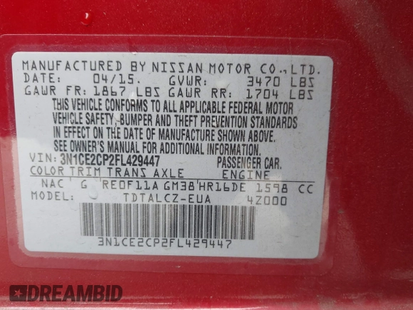 2015 Nissan Note SV z VIN 3N1CE2CP2FL429447, wystawiony jako IAAI lot #42075464 z przebiegiem 24 500 mil mil oraz . Historia ofert i sprzedaży dostępna na DreamBid. Obrazek 9.