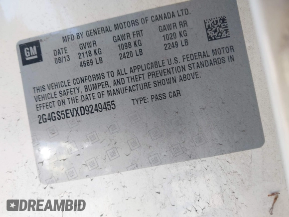 2013 Buick Regal Turbo Premium 1 with VIN 2G4GS5EVXD9249455, listed as a IAAI auction lot 42230578 with 67,116 mi miles and . Bid and sale history available at DreamBid. Image 9.