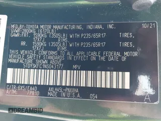 2022 Toyota Sienna XLE with VIN 5TDYSKFC1NS043177, listed as a IAAI auction lot 42495390 with 33,908 mi miles and . Bid and sale history available at DreamBid. Image 9.
