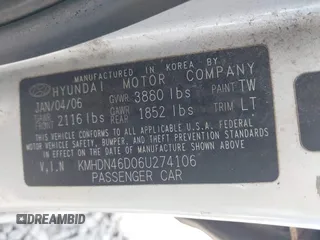 2006 Hyundai Elantra GLS with VIN KMHDN46D06U274106, listed as a IAAI auction lot 42156776 with 120,064 mi miles and . Bid and sale history available at DreamBid. Image 9.
