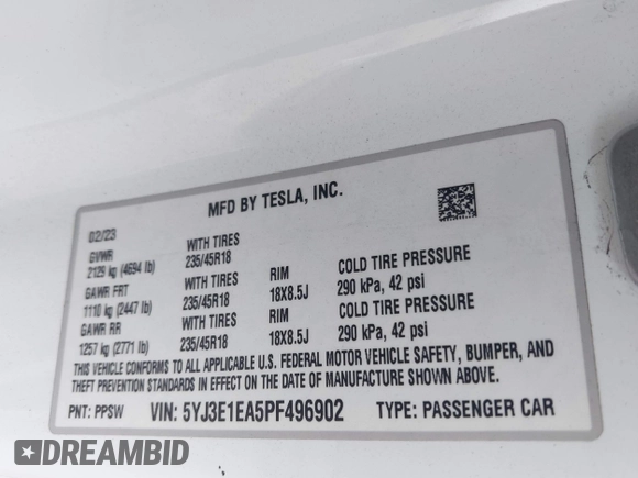2023 Tesla Model 3 с VIN 5YJ3E1EA5PF496902, выставлен на аукционе IAAI как лот 42493716 с пробегом Не указан миль и . История ставок и продаж доступна на DreamBid. Изображение 9.
