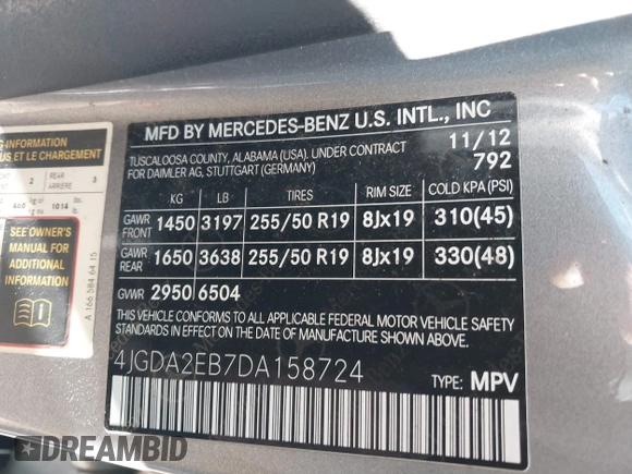 2013 Mercedes-Benz M 350 with VIN 4JGDA2EB7DA158724, listed as a IAAI auction lot 41576717 with 195,824 mi miles and . Bid and sale history available at DreamBid. Image 9.