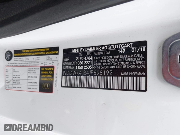 2018 Mercedes-Benz C 300 with VIN WDDWK4JB4JF698192, listed as a IAAI auction lot 41687143 with 78,702 mi miles and . Bid and sale history available at DreamBid. Image 9.