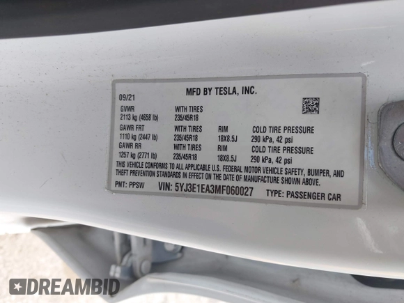 2021 Tesla Model 3 Standard Range Plus z VIN 5YJ3E1EA3MF060027, wystawiony jako IAAI lot #42319107 z przebiegiem 44 339 mil mil oraz . Historia ofert i sprzedaży dostępna na DreamBid. Obrazek 9.