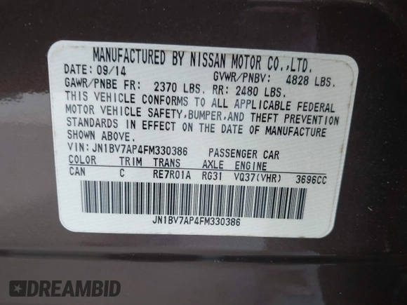 2015 Infiniti Q50 Premium with VIN JN1BV7AP4FM330386, listed as a IAAI auction lot 42028771 with 75,533 mi miles. Bid and sale history available at carsss.com. Image 9.