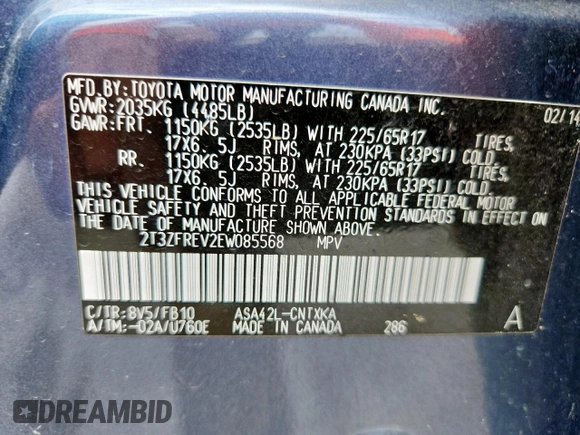 2014 Toyota RAV4 LE with VIN 2T3ZFREV2EW085568, listed as a Copart auction lot 63506435 with 91,322 mi miles and Salvage title. Bid and sale history available at DreamBid. Image 13.