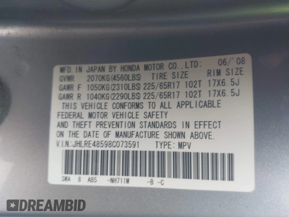 2008 Honda CR-V EX with VIN JHLRE48598C073591, listed as a IAAI auction lot 41797318 with 183,157 mi miles. Bid and sale history available at carsss.com. Image 9.
