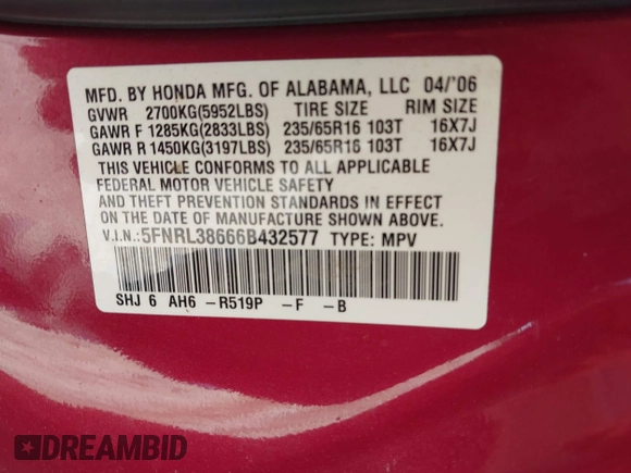 2006 Honda Odyssey EX-L с VIN 5FNRL38666B432577, выставлен на аукционе IAAI как лот 42232203 с пробегом 212 696 миль миль и . История ставок и продаж доступна на DreamBid. Изображение 9.