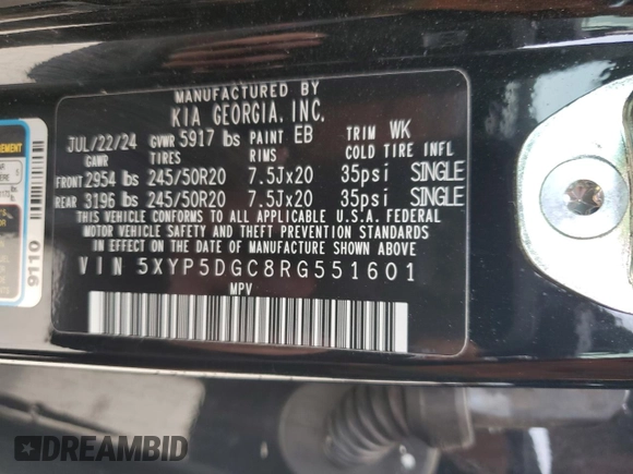 2024 Kia Telluride SX Prestige X-Line z VIN 5XYP5DGC8RG551601, wystawiony jako Copart lot #50231685 z przebiegiem 12 790 mil mil oraz Szkoda całkowita • Salvage title. Historia ofert i sprzedaży dostępna na DreamBid. Obrazek 14.