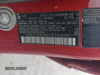 2000 BMW M5 z VIN WBSDE9345YBZ94093, wystawiony jako Copart lot #74606874 z przebiegiem Nie podano mil oraz Nie do naprawy • Non repairable. Historia ofert i sprzedaży dostępna na DreamBid. Obrazek 13.
