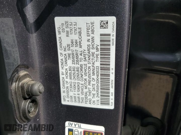 2019 Honda CR-V LX with VIN 2HKRW5H30KH409333, listed as a Copart auction lot 54892655 with 47,444 mi miles and Salvage Title. Bid and sale history available at DreamBid. Image 12.