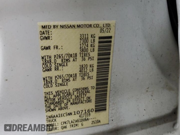 2022 Nissan Titan S with VIN 1N6AA1EC5NN107160, listed as a Copart auction lot 86115424 with 42,140 mi miles and Salvage title. Bid and sale history available at DreamBid. Image 12.