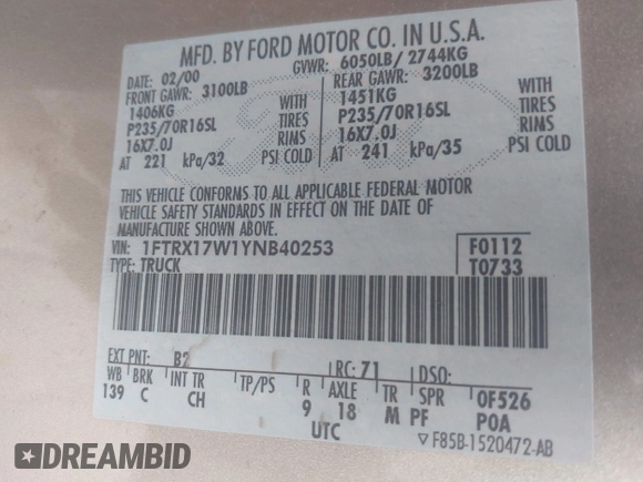 2000 Ford F-150 XL with VIN 1FTRX17W1YNB40253, listed as a IAAI auction lot 41959667 with 1 mi miles. Bid and sale history available at carsss.com. Image 9.