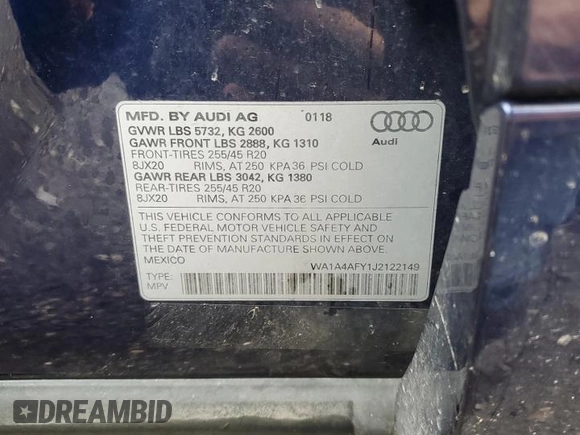 2018 Audi SQ5 Premium Plus with VIN WA1A4AFY1J2122149, listed as a Copart auction lot 65735324 with 89,289 mi miles and Salvage Title. Bid and sale history available at DreamBid. Image 14.