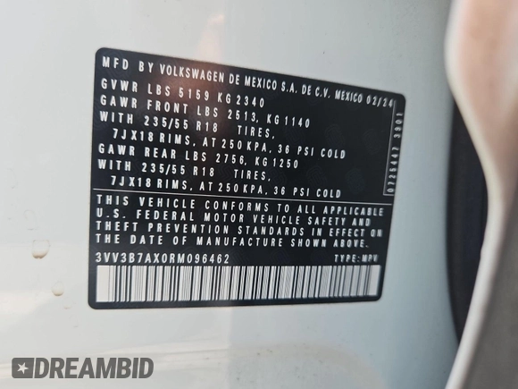 2024 Volkswagen Tiguan SE с VIN 3VV3B7AX0RM096462, выставлен на аукционе IAAI как лот 42844462 с пробегом 33 442 миль миль и . История ставок и продаж доступна на DreamBid. Изображение 16.