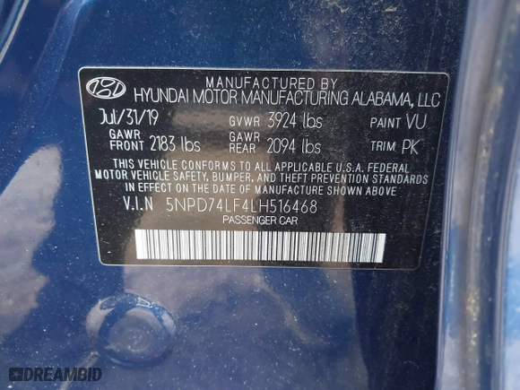 2020 Hyundai Elantra SE with VIN 5NPD74LF4LH516468, listed as a IAAI auction lot 41863699 with 20,693 mi miles. Bid and sale history available at carsss.com. Image 9.