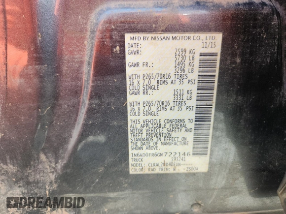 2016 Nissan Frontier SV with VIN 1N6AD0ER6GN722146, listed as a Copart auction lot 64096545 with 86,346 mi miles and Salvage title. Bid and sale history available at DreamBid. Image 12.