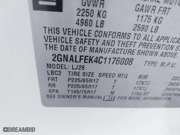 2012 Chevrolet Equinox LTZ with VIN 2GNALFEK4C1176008, listed as a IAAI auction lot 41443482 with 229,575 mi miles. Bid and sale history available at carsss.com. Image 9.