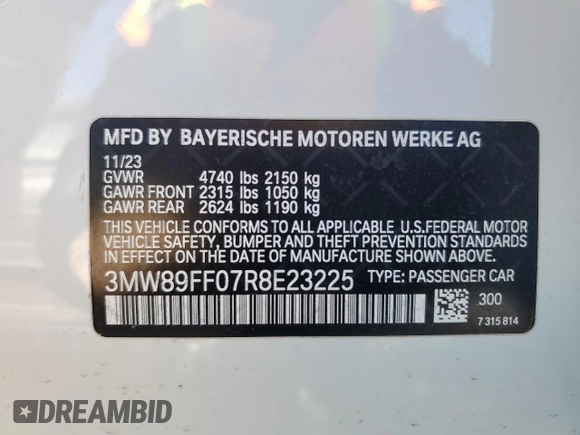 2024 BMW 3 Series 330i xDrive with VIN 3MW89FF07R8E23225, listed as a Copart auction lot 47425445 with 0 mi miles and Salvage Title. Bid and sale history available at carsss.com. Image 12.