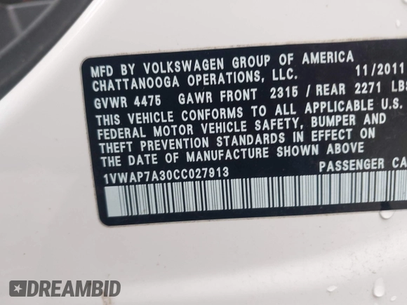 2012 Volkswagen Passat S w/Appearance with VIN 1VWAP7A30CC027913, listed as a IAAI auction lot 41580382 with 199,462 mi miles. Bid and sale history available at carsss.com. Image 9.