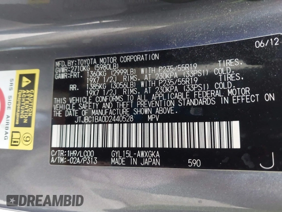 2013 Lexus RX 450h with VIN JTJBC1BA0D2440528, listed as a IAAI auction lot 41591177 with 156,869 mi miles and . Bid and sale history available at DreamBid. Image 9.