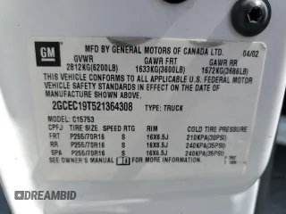 2002 Chevrolet Silverado 1500 LT with VIN 2GCEC19T521364308, listed as a Copart auction lot 54184255 with 186,478 mi miles and Salvage Title. Bid and sale history available at carsss.com. Image 12.