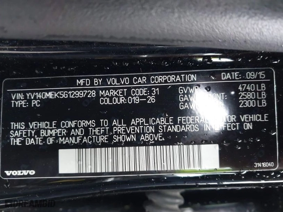 2016 Volvo V60 T5 Drive-E Premier with VIN YV140MEK5G1299728, listed as a IAAI auction lot 41550325 with 134,507 mi miles. Bid and sale history available at carsss.com. Image 9.