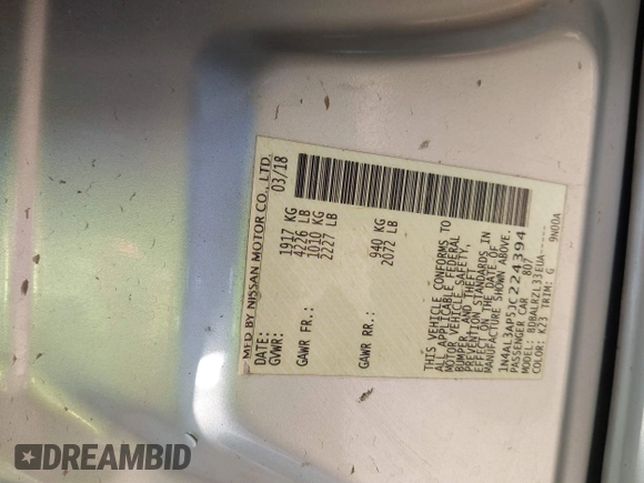 2018 Nissan Altima S with VIN 1N4AL3AP5JC224394, listed as a IAAI auction lot 41979991 with Not Provided miles and . Bid and sale history available at DreamBid. Image 9.