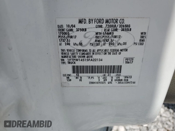 2005 Ford F-150 XLT with VIN 1FTPW14515FA22134, listed as a Copart auction lot 62687005 with 376,363 mi miles and Salvage title. Bid and sale history available at DreamBid. Image 12.