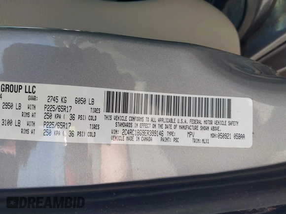 2014 Chrysler Town & Country Touring with VIN 2C4RC1BG9ER399146, listed as a IAAI auction lot 42095059 with 190,777 mi miles. Bid and sale history available at carsss.com. Image 9.