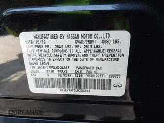 2020 Infiniti Q50 Pure with VIN JN1EV7AP5LM204983, listed as a IAAI auction lot 42427603 with 19,983 mi miles and . Bid and sale history available at DreamBid. Image 9.