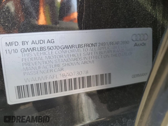 2011 Audi A4 Premium Plus z VIN WAUWFAFL1BA073078, wystawiony jako Copart lot #49477055 z przebiegiem Nie podano mil oraz Nie do naprawy • Non repairable. Historia ofert i sprzedaży dostępna na DreamBid. Obrazek 15.