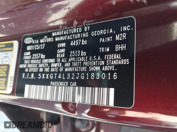 2018 Kia Optima LX with VIN 5XXGT4L32JG183016, listed as a IAAI auction lot 42560837 with 161,426 mi miles and . Bid and sale history available at DreamBid. Image 9.