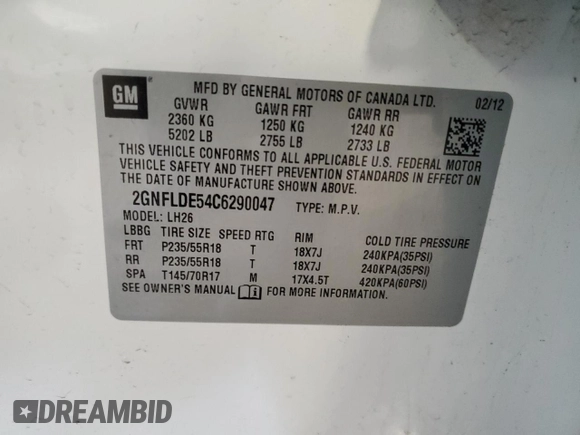 2012 Chevrolet Equinox 1LT z VIN 2GNFLDE54C6290047, wystawiony jako Copart lot #57898845 z przebiegiem 96 595 mil mil oraz Nie do naprawy • Non repairable. Historia ofert i sprzedaży dostępna na DreamBid. Obrazek 13.