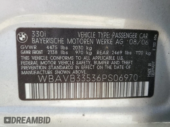 2006 BMW 3 Series 330i with VIN WBAVB33536PS06970, listed as a Copart auction lot 57817975 with 33,078 mi miles and Clean title. Bid and sale history available at DreamBid. Image 12.