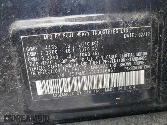 2012 Subaru Legacy Premium с VIN 4S3BMBC63C3026961, выставлен на аукционе Copart как лот 60106395 с пробегом 154 634 миль миль и Списание • Salvage title. История ставок и продаж доступна на DreamBid. Изображение 12.
