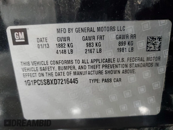 2013 Chevrolet Cruze 1LT with VIN 1G1PC5SBXD7216445, listed as a Copart auction lot 55206535 with 124,147 mi miles and Salvage Title. Bid and sale history available at DreamBid. Image 12.