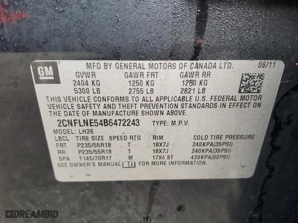 2011 Chevrolet Equinox LT w/2LT with VIN 2CNFLNE54B6472243, listed as a Copart auction lot 42124385 with 149,012 mi miles and Salvage Title. Bid and sale history available at carsss.com. Image 15.