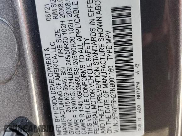 2022 Honda Pilot Special Edition with VIN 5FNYF5H27NB001160, listed as a Copart auction lot 58933865 with 23,486 mi miles and Salvage title. Bid and sale history available at DreamBid. Image 13.