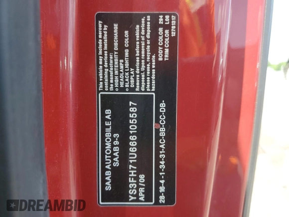 2006 Saab 9-3 Aero z VIN YS3FH71U666105587, wystawiony jako Copart lot #61289004 z przebiegiem 97 098 mil mil oraz Szkoda całkowita • Salvage title. Historia ofert i sprzedaży dostępna na DreamBid. Obrazek 12.