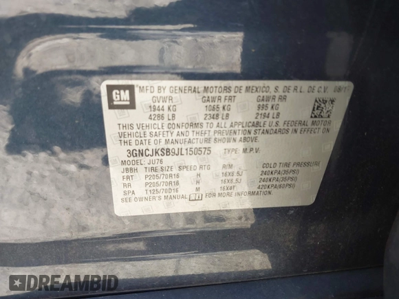 2018 Chevrolet Trax LS with VIN 3GNCJKSB9JL150575, listed as a IAAI auction lot 41693776 with 71,483 mi miles. Bid and sale history available at carsss.com. Image 9.