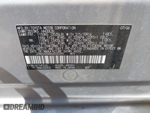 2006 Toyota RAV4 with VIN JTMZD33V866020359, listed as a IAAI auction lot 42225669 with 176,458 mi miles and . Bid and sale history available at DreamBid. Image 9.