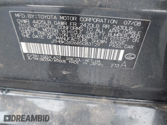 2008 Lexus IS 250 with VIN JTHBK262685083129, listed as a IAAI auction lot 41199589 with 93,955 mi miles. Bid and sale history available at carsss.com. Image 9.