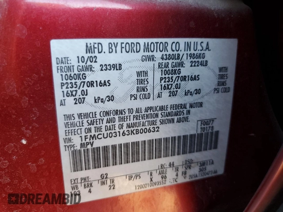 2003 Ford Escape XLT Popular with VIN 1FMCU03163KB00632, listed as a Copart auction lot 87512725 with 268,401 mi miles and Salvage Title. Bid and sale history available at carsss.com. Image 15.