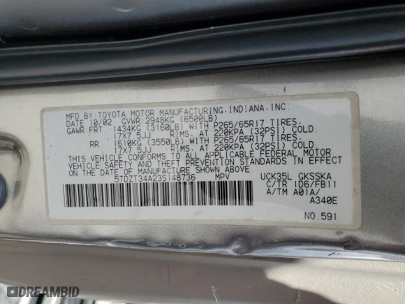 2003 Toyota Sequoia SR5 with VIN 5TDZT34A23S148736, listed as a Copart auction lot 50181475 with 269,727 mi miles and Salvage Title. Bid and sale history available at carsss.com. Image 13.