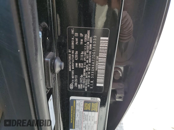 2013 Kia Optima EX with VIN 5XXGN4A77DG176339, listed as a Copart auction lot 61383295 with 144,799 mi miles and Salvage title. Bid and sale history available at DreamBid. Image 13.