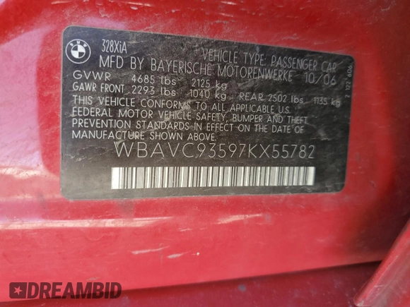 2007 BMW 3 Series 328xi с VIN WBAVC93597KX55782, выставлен на аукционе Copart как лот 55700835 с пробегом 102 944 миль миль и Списание • Salvage title. История ставок и продаж доступна на DreamBid. Изображение 12.