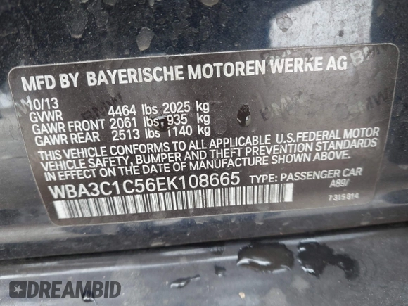 2014 BMW 3 Series 328i with VIN WBA3C1C56EK108665, listed as a IAAI auction lot 42101319 with 84,928 mi miles and . Bid and sale history available at DreamBid. Image 9.