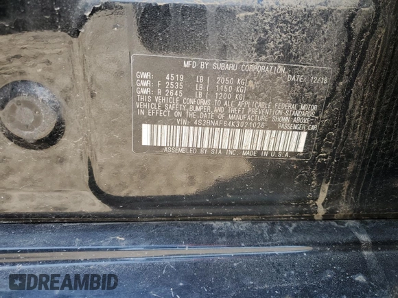 2019 Subaru Legacy Premium with VIN 4S3BNAF64K3021026, listed as a Copart auction lot 55606764 with 156,413 mi miles and Salvage Title. Bid and sale history available at DreamBid. Image 12.
